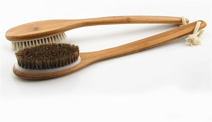 18” Extra Long Handle Dry Bath Body Brush Back Scrubber, Bent Bamboo Handle Bath & Shower Brush with Soft Dense Horsehair Mane Natural Bristles. (White)