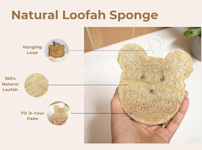 Natural Bear Shape Loofah Sponge, Exfoliating Body Scrubbers (2 Pack), Biodegradable Bath Loofahs Sponge, Gentle, Chemical-Free Bath & Body Loofah for Women, Men and Kids, Made with Natural Loofah