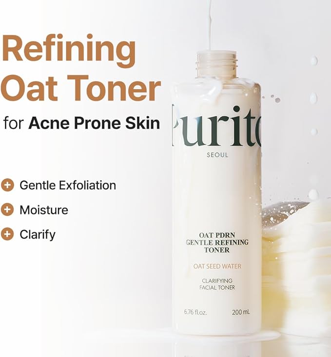 PURITO Oat PDRN Gentle Refining Toner 200 mL 6.76 fl.oz, Korean Oat Exfoliating Toner 99% Pure Oat PDRN, Hydrating & Clarifying Formula for Acne-Prone Skin, Vegan, Non-Comedogenic, Gentle Daily Use