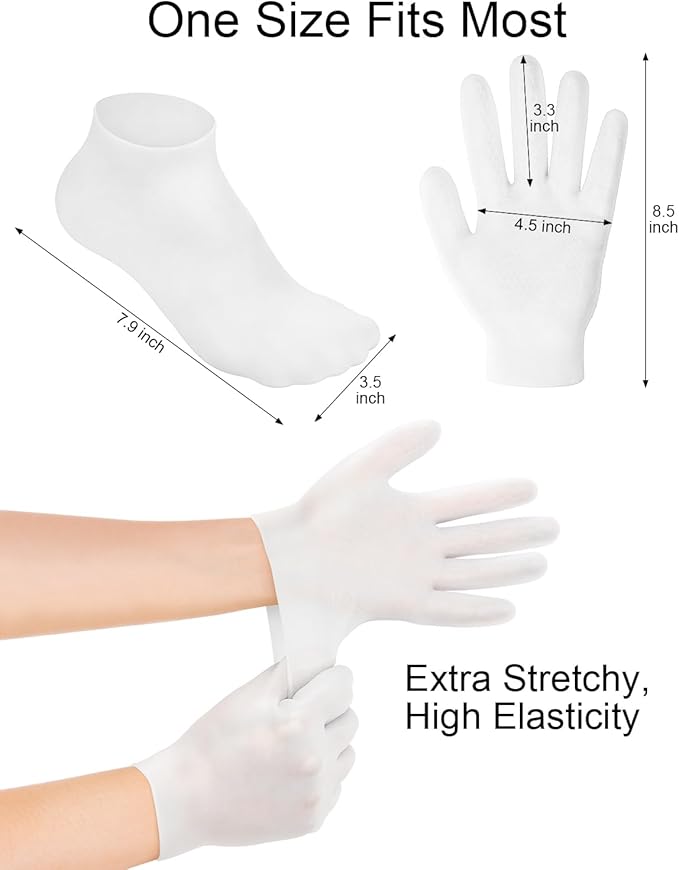 2 Pairs Silicone Moisturizing Glove Socks Set, Anti Slip Soft Spa Gel Socks Softening Feet Dry Cracked Skin, Women Spa Pedicure Socks for Foot Hand Softening, Foot Care After Pedicure (White)