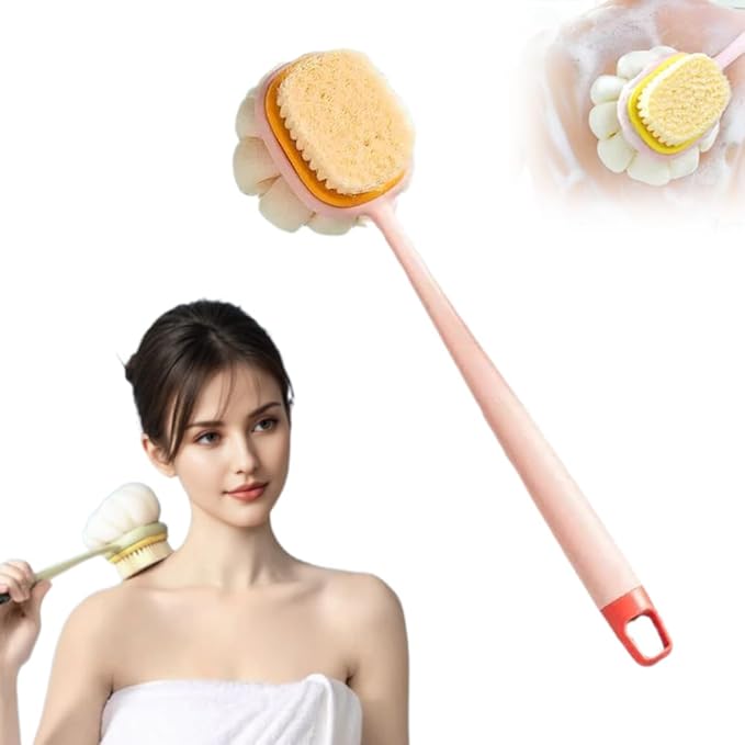 2-in-1 Bath Scrubber Back Brush,2025 New Shower Body Brush with Bristles and Loofah,Double-Sided Bath Back Scrubber with Long Handle for Women, Men, The Elderly (Pink B)
