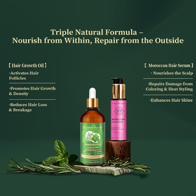 NP NATURES PHILOSOPHY Moroccan Argan Oil & Rosemary Hair Growth Oil Set, Organic Hair Serum, Anti-Frizz, Anti-Hair Loss, Adds Shine, Quickly Absorbed & Non-Greasy, Aussie Hair Products for Men & Women