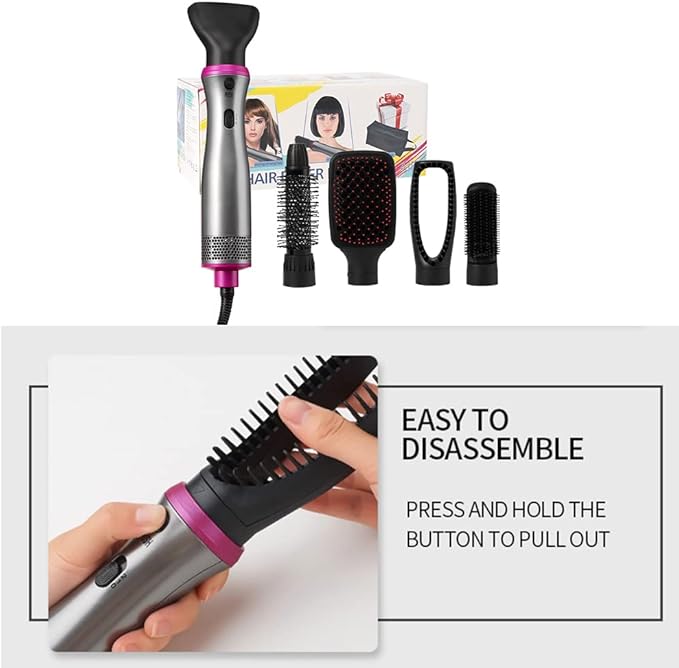 Hair Dryer Brush, Blow Dryer & Volumizer Styler Hot Air Brush, Negative Ionic Electric Hair Curler Straightener Brush, Detachable & Interchangeable Brush Head (Gray&Pink), BY-812
