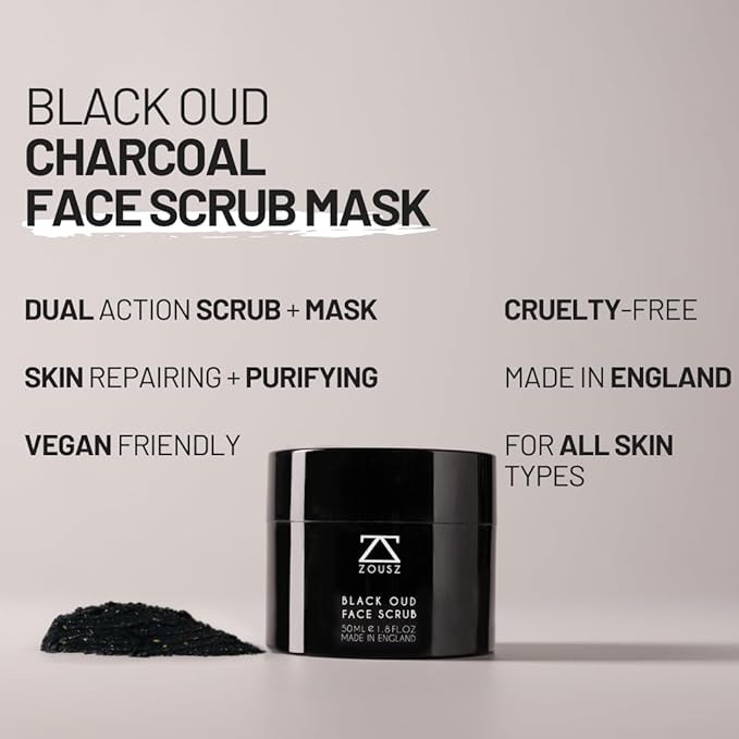 ZOUSZ Black Oud Charcoal Men’s Face Scrub & Mask – Deep Cleansing Exfoliating Clay Face Wash with Activated Charcoal, Salicylic Acid & Hyaluronic Acid – Clears Pores & Revives Skin – 50ml