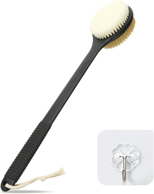 VANZAVANZU 17 Inch Anti-Slip Long Handle Back Scrubber for Shower – Dual-Sided Shower Brush and Shower Back Scrubber with Soft & Stiff Bristles for Wet or Dry Use (Black)