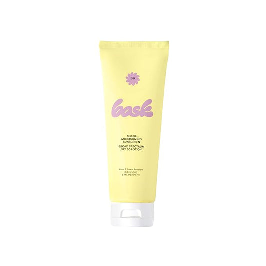 Bask Suncare SPF 50 Sheer Moisturizing Sunscreen Lotion - Broad Spectrum UVA/UVB Protection, Dermatologist Recommended, Hydrating, Lightweight & Non-Greasy, No White Cast, Travel Size, 3.4 fl oz