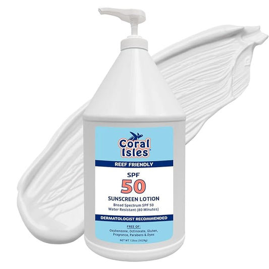 Coral Isles by Rocky Mountain Sunscreen | SPF 50 Lotion | Broad Spectrum UVA/UVB Protection | Hawaii Reef-Safe Act Compliant | Oxybenzone & Octinoxate Free | Water Resistant 80 Min. | 128 Fl Oz