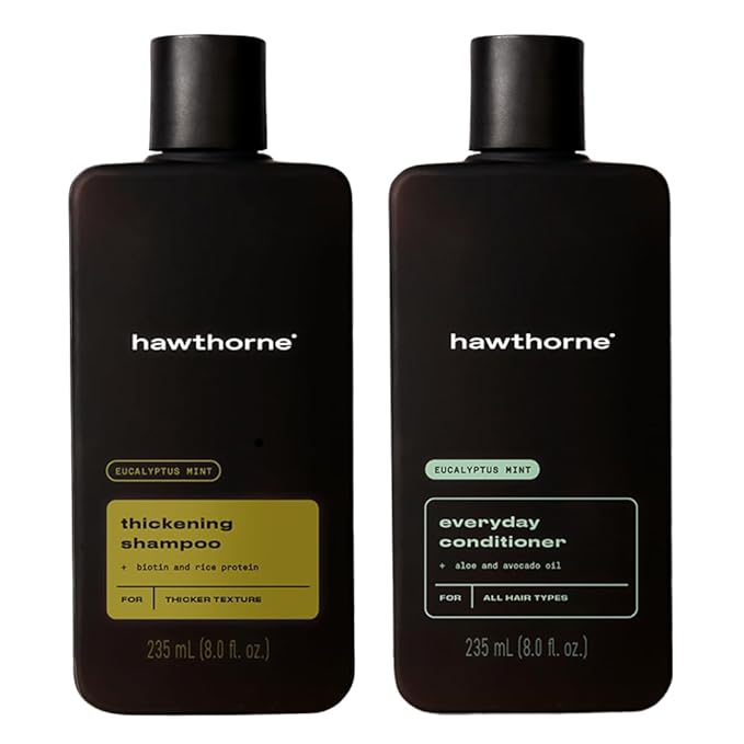 Hawthorne Thicker Hair Shampoo and Conditioner Set. Men’s All Natural Shampoo and Conditioner Set with Thickening Shampoo and Everyday Conditioner. Sulfate Free, Paraben Free. 8 Fl Oz Each.