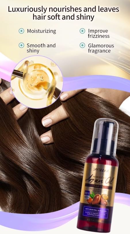 Moroccan Argan Oil Hair Treatment, Organic Moisturizing Oil for All Hair Types, Anti-Hair Fall and Renewal Formula, 3.51 fl oz