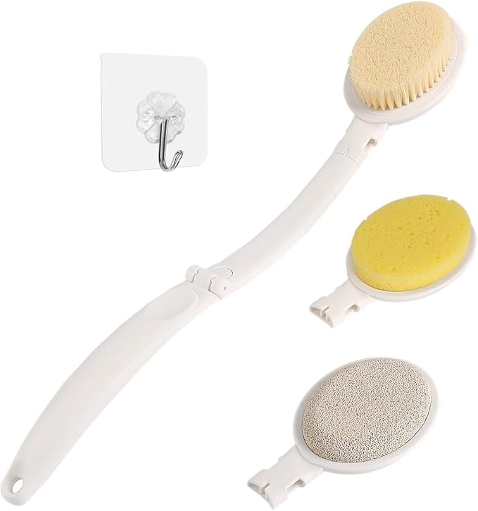 LFJ 19" Long Handle Shower Sponge Brush Set, 3 in 1 Body Brush, Bath Sponge and Lotion Applicator Improved Skin Health, Suitable for Men and Women (White Brush with pumice-1P)