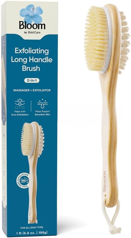 Bloom 2-in-1 Long Handle Body Brush | 1 Unit | for Skin Exfoliation and Massage | Reduces Cellulite | Stimulates Blood Circulation & Reduces Dead Skin Cells | Natural, Soft Bristles