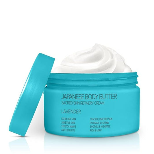 Onsen Japanese Body Butter for Women - Skin Refinery Cream Natural and Organic Shea Butter Moisturizing Clear Skin Exfoliator with Coconut Oil and Vitamin E - 8.6 fl oz / 255 ml (Lavender)