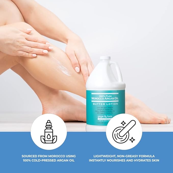 Ginger Lily Farms Salon Formula 100% Pure Morocco Argan Oil Butter Lotion for All Skin Types, 100% Vegan & Cruelty-Free, 1 Gallon (128 fl oz) Refill