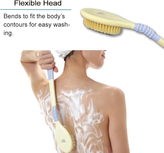Back Scrubber for Shower [Made in Japan] Flexible Head Wet or Dry Brushing Body Brush, Natural Boar Bristle, Long Handle Exfoliating