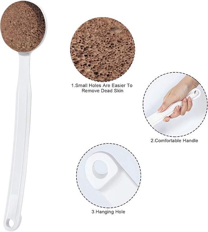 Extra Long Handle Pumice Stone for Feet - 13.7" No Bend Required Callus Remover Tool, Natural Volcanic Rock for Dry Cracked Heels & Dead Skin, Easy Grip for Seniors & Elderly (Curved)