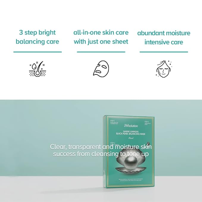 JMsolution Marine Luminous Pearl Deep Moisture 3 Step Skin Care Face Mask - Korean Skincare Facial Mask - boosting Brightening Moisturizing-10 Sheets for Dry Skin (Black Pearl)