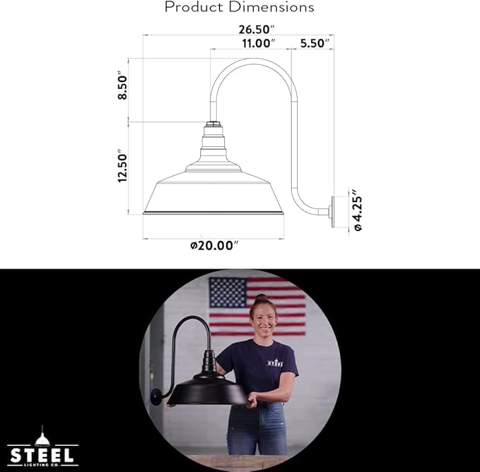 Steel Lighting Co. | Dusk to Dawn | Redondo Barn Light | Outdoor Wall Mounted | 20 inch Dome | Upslope Gooseneck | Large Farmhouse Warehouse Light Made in America | Cream/Brass