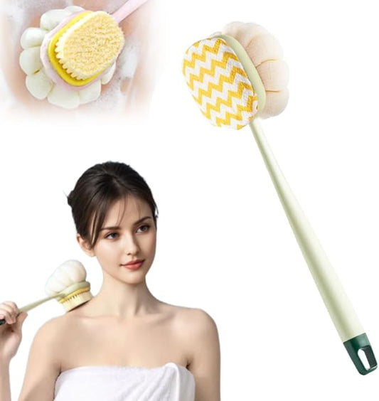 2-in-1 Bath Scrubber Back Brush,2025 New Shower Body Brush with Bristles and Loofah,Double-Sided Bath Back Scrubber with Long Handle for Women, Men, The Elderly (Green A)