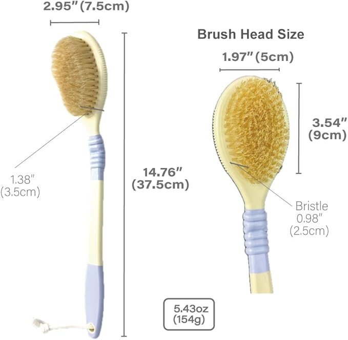 Back Scrubber for Shower [Made in Japan] Flexible Head Wet or Dry Brushing Body Brush, Natural Boar Bristle, Long Handle Exfoliating