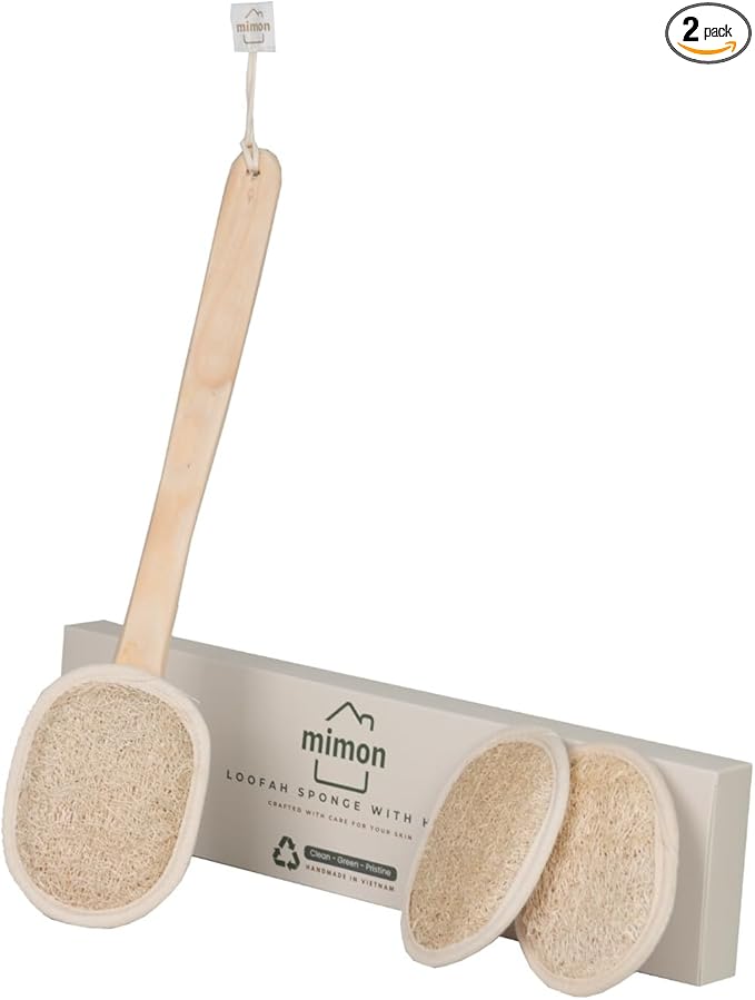 Natural Loofah, Exfoliating Body Scrubber with Handle, Biodegradable Bath Loofahs on Stick, Replaceable Pads, Chemical-Free Bath & Body Loofah for Women, Men and Kids