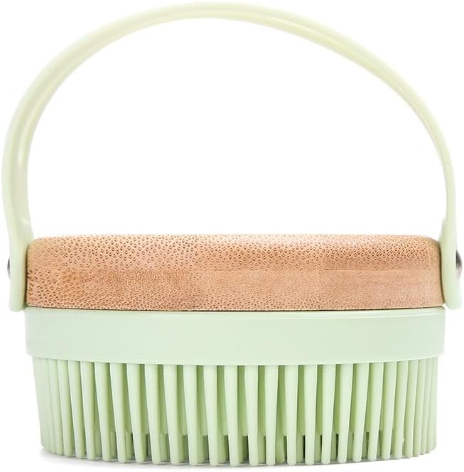 Bamboo & Silicone Body Scrubber for Shower – Gentle Exfoliating Bath Brush with Soft Bristles, Easy-Foam Design, Quick-Dry, Ergonomic Strap Handle, Eco-Friendly, for Women & Men (Green)