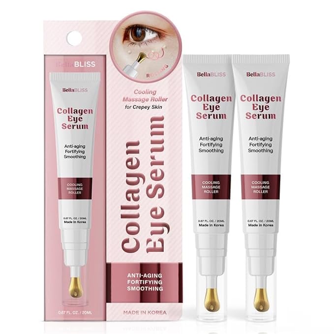 BellaBLISS Collagen Eye Serum with Cooling Roller – Under Eye Treatment for Puffiness, Dark Circles & Fine Lines – Anti-Aging, Hydrating Formula – Made in Korea – 20 ML – Pack of 2