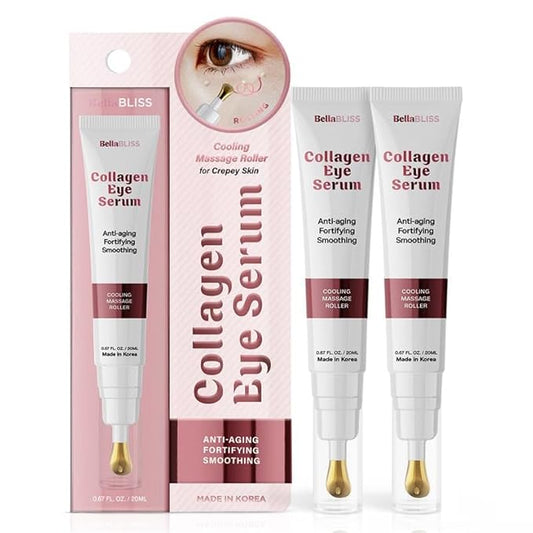 BellaBLISS Collagen Eye Serum with Cooling Roller – Under Eye Treatment for Puffiness, Dark Circles & Fine Lines – Anti-Aging, Hydrating Formula – Made in Korea – 20 ML – Pack of 2