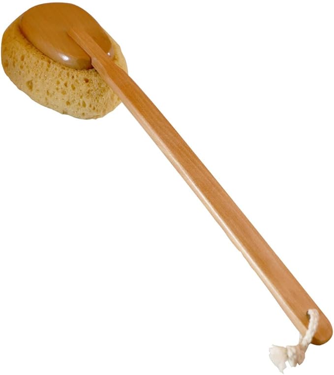18'' Shower Body Brush Sea Sponge Long Wooden Handle Back Scrubber Bath Brush Gentle Exfoliating Lotion Applicator