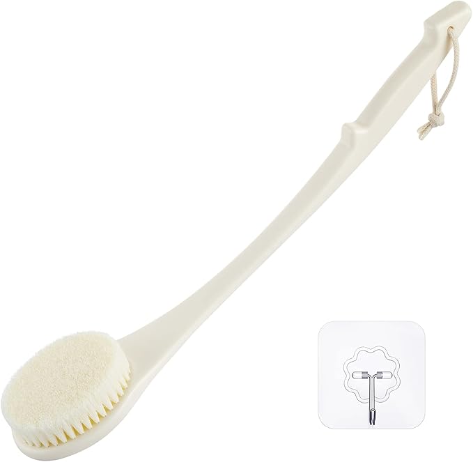 Body Back Scrubber – 17'' Long Handle Shower Brush, Anti-Mold Exfoliator for Dry & Wet Use, Deep Cleansing & Gentle Exfoliation for Smooth Skin – for Men, Women & Elderly (Cream White)