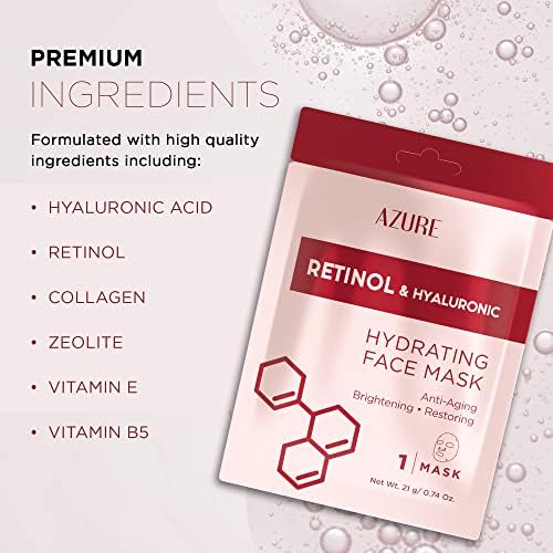 Azure Cosmetics Retinol & Hyaluronic Acid Anti Aging Facial Sheet - Rejuvenating & Hydrating Face Mask - Helps Reduce Fine Lines & Wrinkles, Smooths & Repairs - Made in Korea - Pack of 5