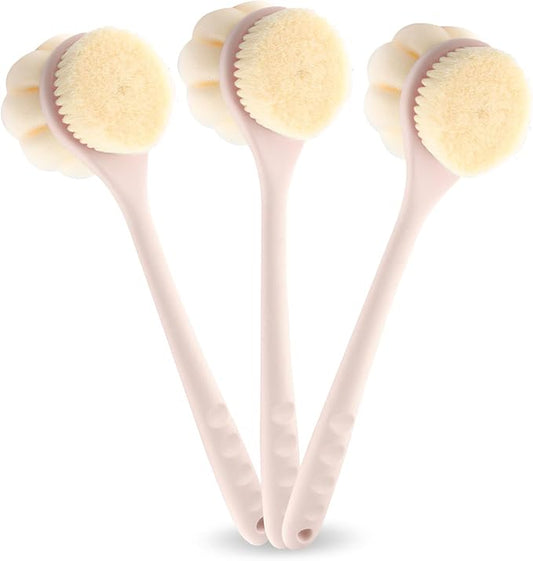 3-Pack Pink 15.4" Long Handle Dual Sided Bath Brushes with Soft Bristles and Beautiful Pumpkin Loofah for Gentle Deep Cleansing