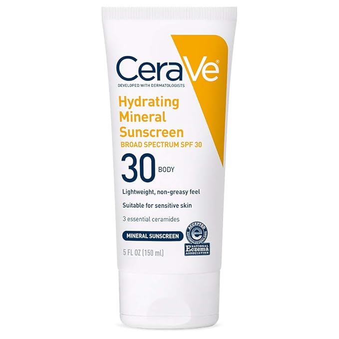 CeraVe 100% Mineral Sunscreen SPF 30 with Zinc Oxide & Titanium Dioxide, Hyaluronic Acid & Ceramides, Oil Free, Non-Greasy, Hydrating Mineral Sunscreen For Body, 5 oz