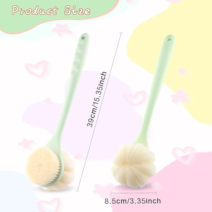 2 Pcs Body Shower Brush Long Handle Back Scrubber Brush with Bristles and Loofah Mesh Sponge for Skin Exfoliating Bath Wet Dry Massage Brushing - Green