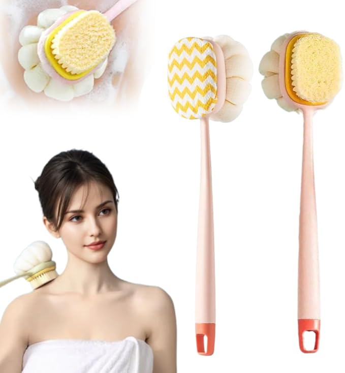 2-in-1 Bath Scrubber Back Brush,2025 New Shower Body Brush with Bristles and Loofah,Double-Sided Bath Back Scrubber with Long Handle for Women, Men, The Elderly (Pink A+B)