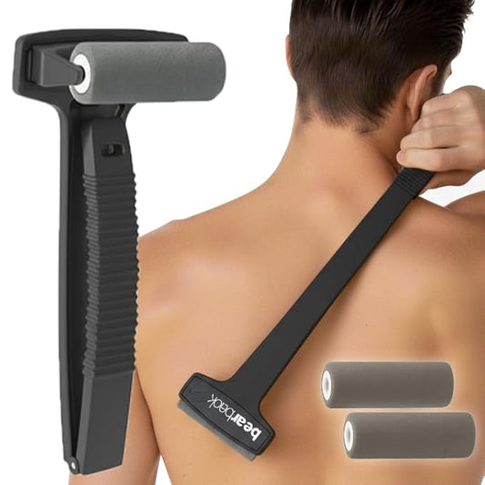 bearback Lotion Applicator for Back & Body - Long Reach Folding Handle with Reusable Foam Rollers - Apply Lotion, Medication, Ointment, Sunscreen, Self Tanner - (Black) (Handle with 2 Rollers)