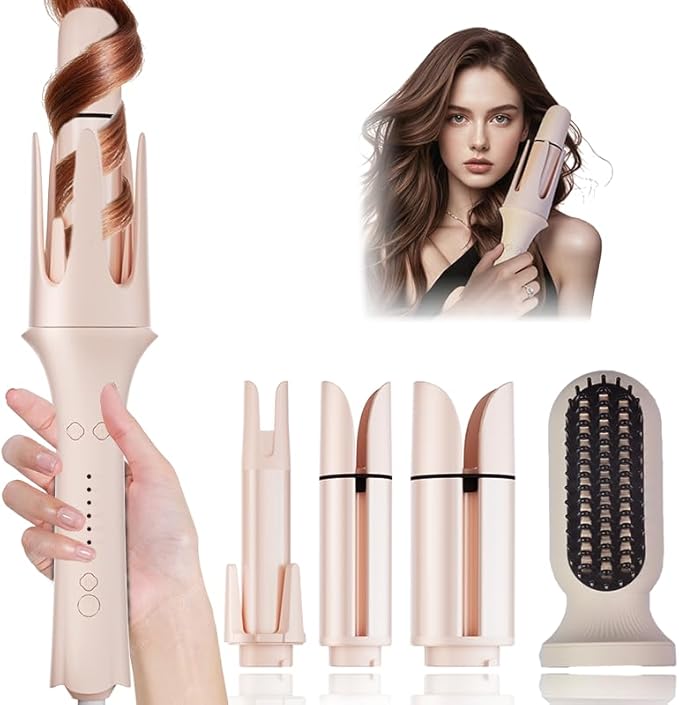 Automatic Curling Iron Set, Hair Curler & Straightening Comb, 4-in-1 Beach Wave Curling Wand with 3 Ceramic Barrel & 1 Hair Straightener Brush, 3 Temp, Timer, Negative Ions
