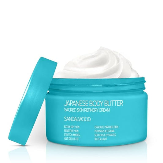 Onsen Japanese Body Butter for Women - Skin Refinery Cream Natural and Organic Shea Butter Moisturizing Clear Skin Exfoliator with Coconut Oil and Vitamin E - 8.6 fl oz / 255 ml (Sandalwood)