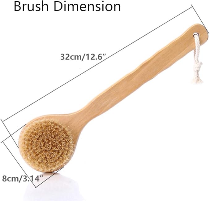 Dry Bath Body Brush 12.6", Long Handle Natural Bristles Shower Brush Back Scrubber with Anti-Slip Wooden Handle, Good for Exfoliating, Blood Circulation, Detox and Cellulite, etc.