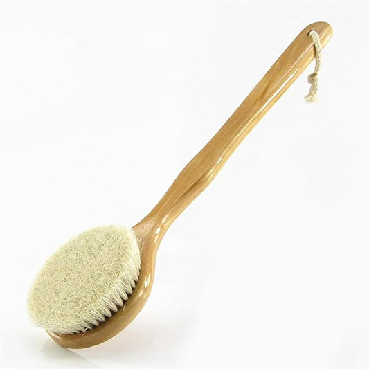 16” Extra Long Handle Dry Bath Body Brush Back Scrubber, Wood Handle Bath & Shower Brush with Soft Dense Horsehair Mane Natural Bristles. (White)