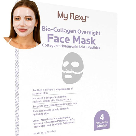 Bio Collagen Overnight Facial Mask with Peptides, Hyaluronic Acid & Antioxidants, Brightening Hydrating Facemask for Women, Hydrogel Korean Face Masks Skincare, Facial Sheet Skincare - 4 Pack