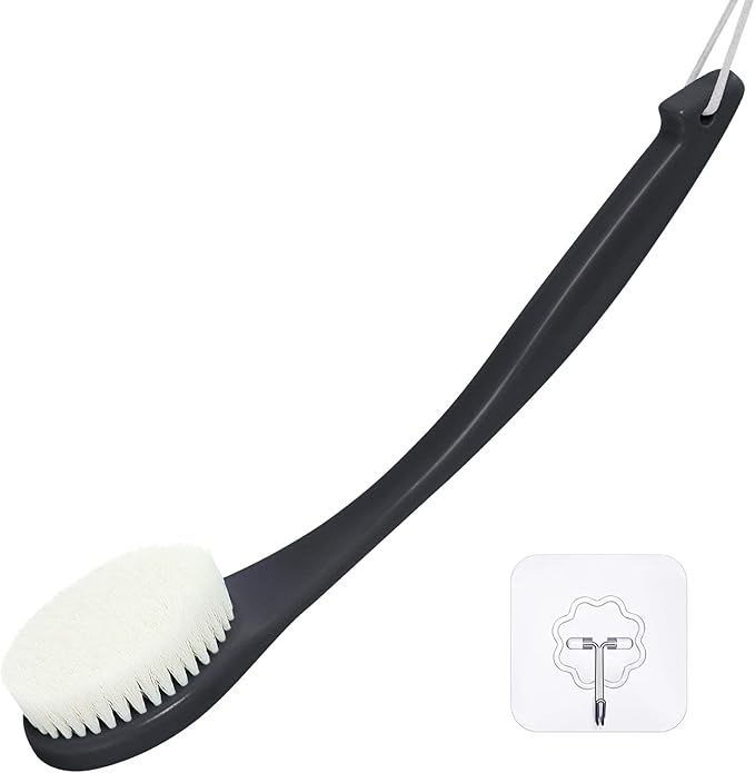 Exfoliating Shower Brush Bath Body Brush, Never Mold 15" Back Brush Long Handle for Shower, Dry Brushing Body Brush or Wet Brush with Moderate Bristle, Black