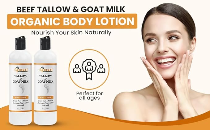 Tallow & Goat Milk Body Lotion for Sensitive Skin, Organic moisturizing Lotion - Soothes Dry skin, Goat Milk face and body Moisturizer - Handmade Tallow for skin cream (8 OZ, Oatmeal & Honey)