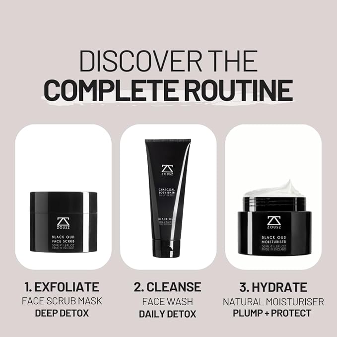 ZOUSZ Black Oud Charcoal Men’s Face Scrub & Mask – Deep Cleansing Exfoliating Clay Face Wash with Activated Charcoal, Salicylic Acid & Hyaluronic Acid – Clears Pores & Revives Skin – 50ml