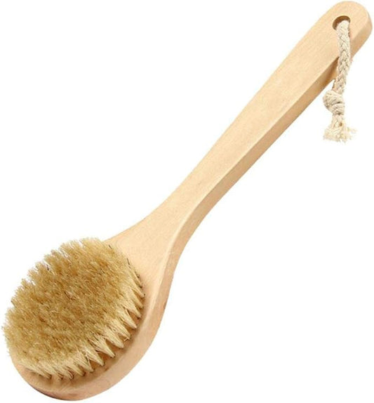 Dry Bath Body Brush Back Scrubber 9.84", Short Handle Natural Bristles Bath & Shower Brush with Anti-Slip Wooden Handle, Perfect for Exfoliating/Blood Circulation/Detox and Cellulite, etc.