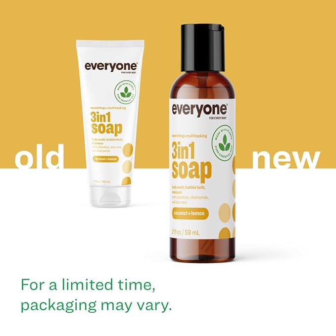 Everyone 3-in-1 Soap Body Wash, Bubble Bath, Shampoo, Travel Size, 2 Ounce (Pack of 12), Coconut and Lemon, made with Essential Oils for Men and Women