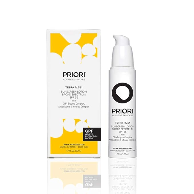 Priori Skincare Tetra Sunscreen Lotion Broad Spectrum SPF 55 Universal Skin Tint, Zinc Oxide Facial Sunscreen, Blue Light Protection, Antioxidant, Matte Finish 1.7 fl oz