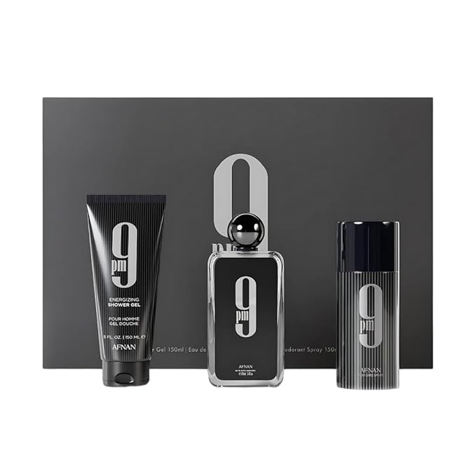 Afnan 9 Pm 3 Piece Set for Men, (3.4 Oz De Parfum Eau De Parfum Spray + 5.0 Oz Shower Gel + 5.0 Oz Perfume Deodorant)