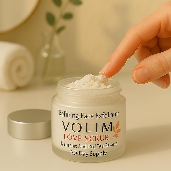Volim Love Scrub with Hyaluronic Acid Natural Face Exfoliator for Wrinkles, Acne, Fine Lines, Blackheads & Clogged Pores