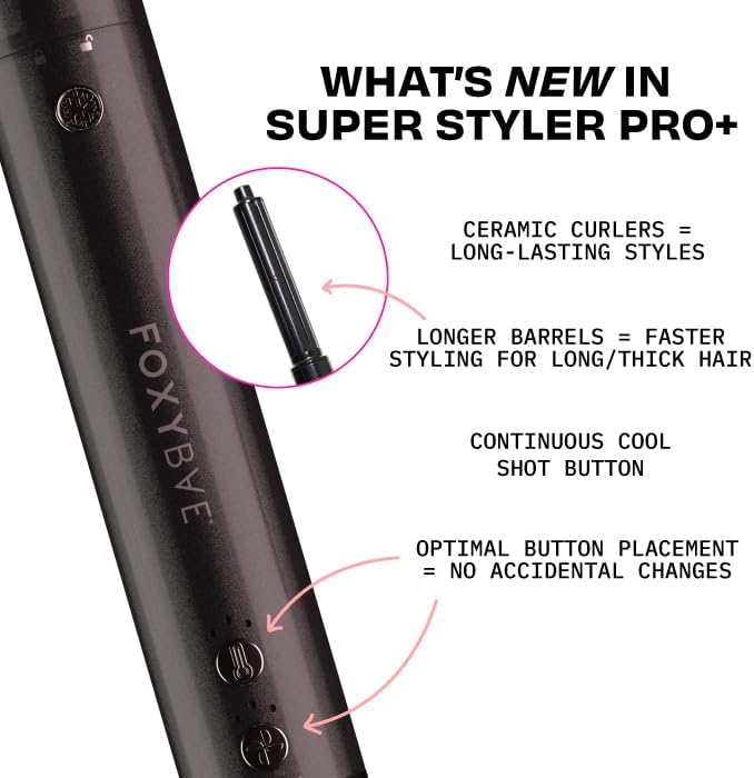 FoxyBae Super Styler Pro Interchangeable Hair Styler Wand Curling Iron Set - w/Drying Cylinder, Ceramic Blowout & Round Brushes, 2 Auto-Wrap Curlers - Frizz-Free, Smooth Hair (Black Rose-Gold)