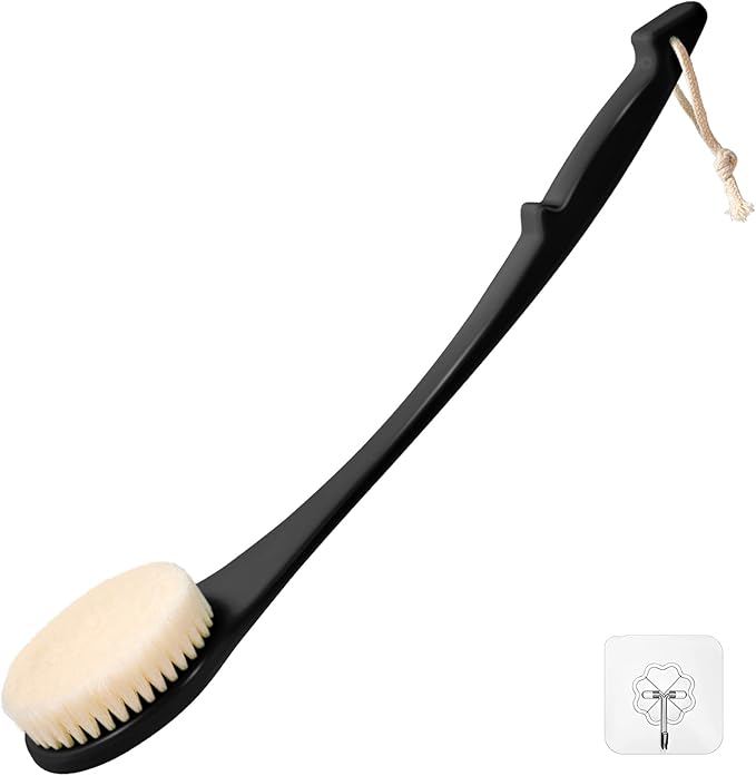 Back Scrubber for Shower, 17-Inch Shower Brush for Men and Women, Long Handle Exfoliating Body Brush, Medium Bristle Stiffness for Dry or Wet Brushing (Black)